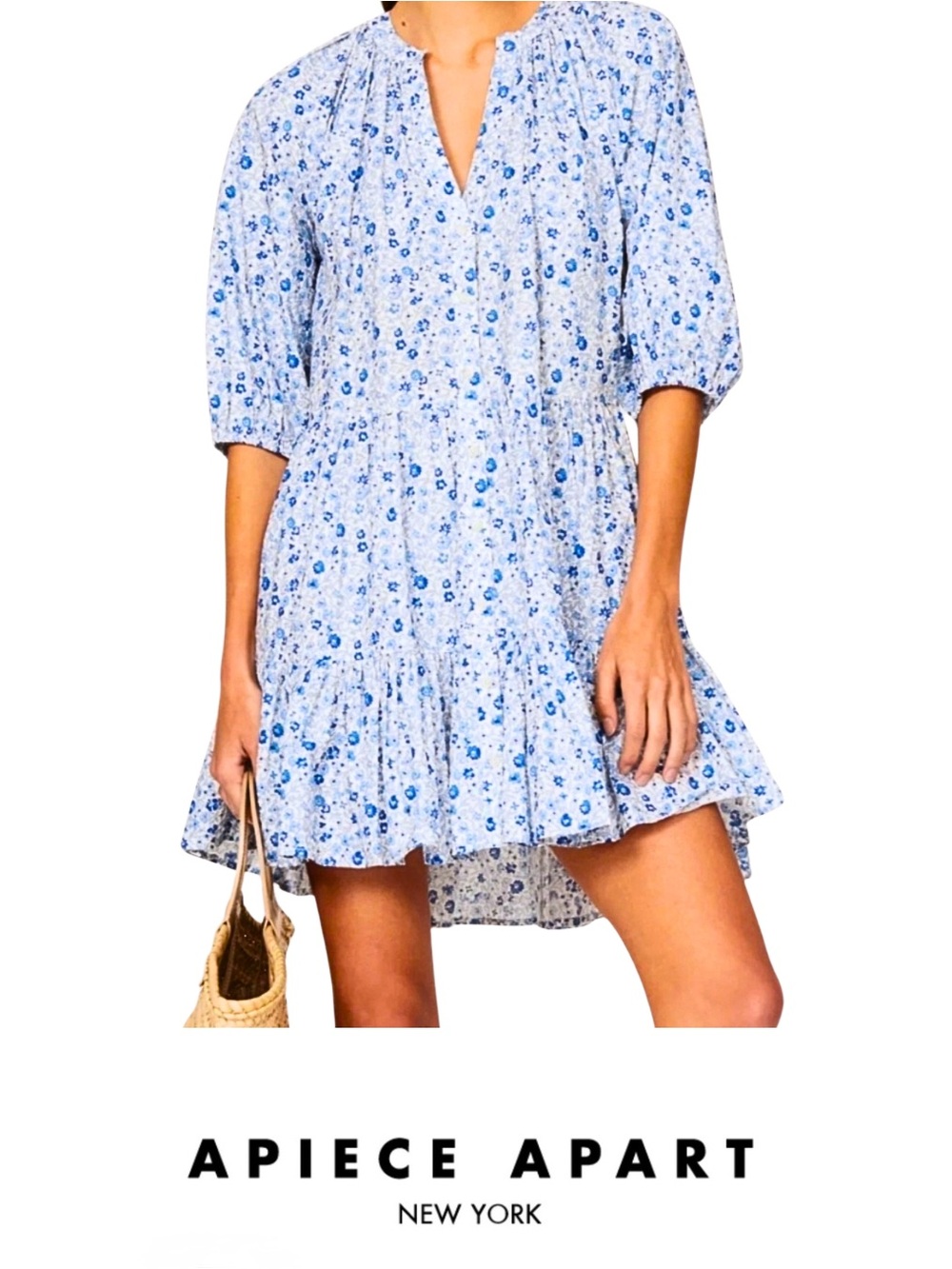 Apiece Apart Mittie Mini Blue Floral Tiered Dress, Size Small